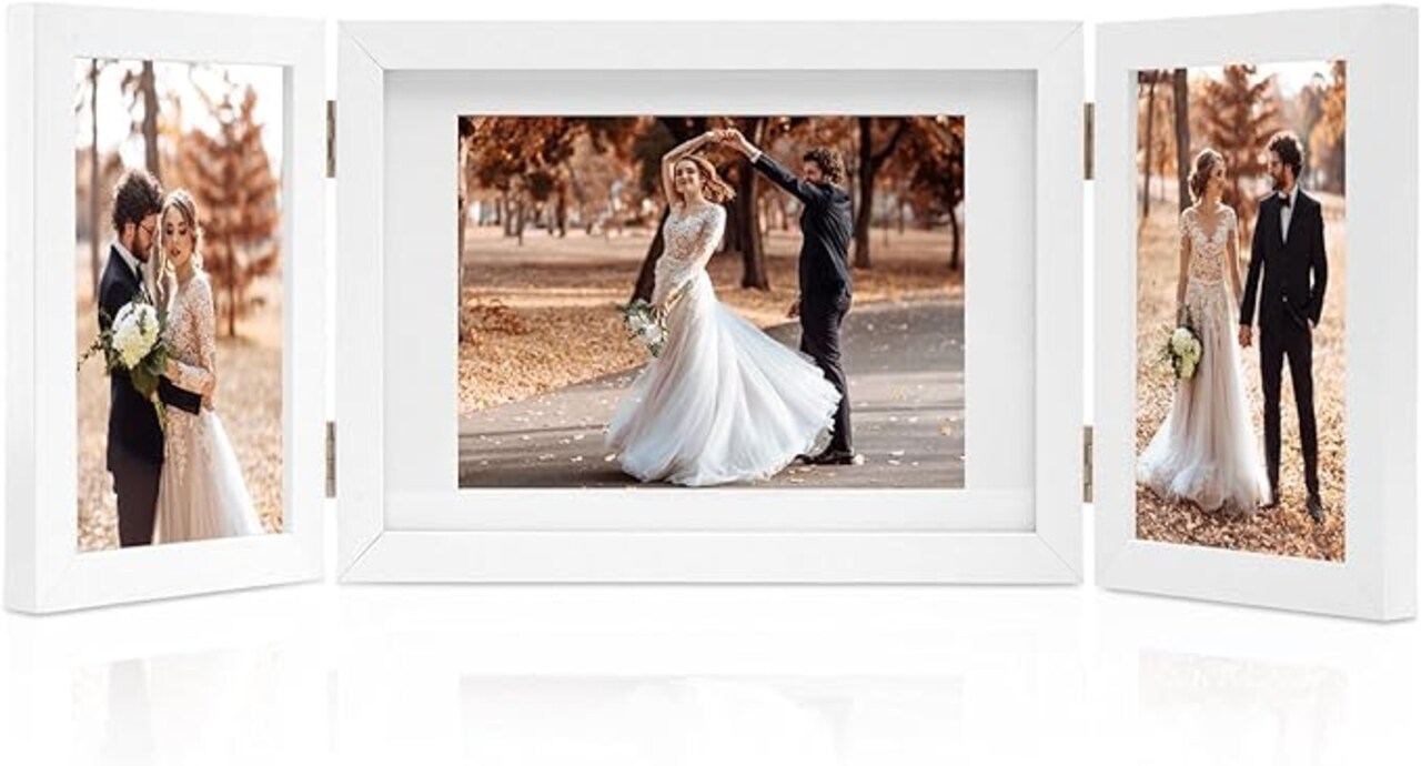 3 Picture Frame 4x6 & 5x7 Folding Collage Photo Frames Multiple Wooden Desk Picture Frames with Mat for Office Tabletop or Wall Decor, White